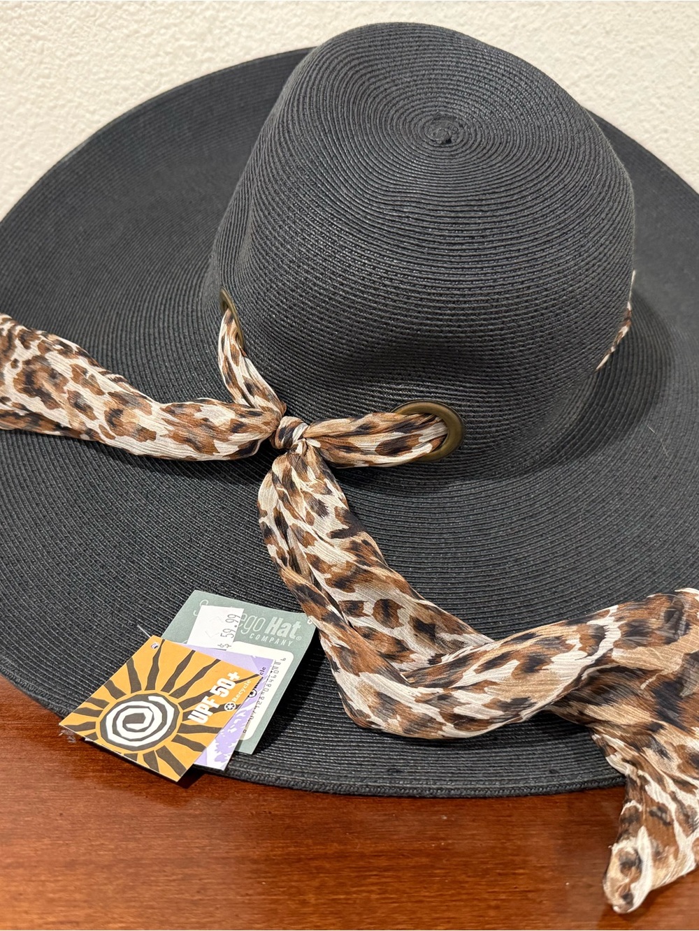 San Diego Hat Company Black Wide-Brim Sun Hat with Leopard Print Scarf